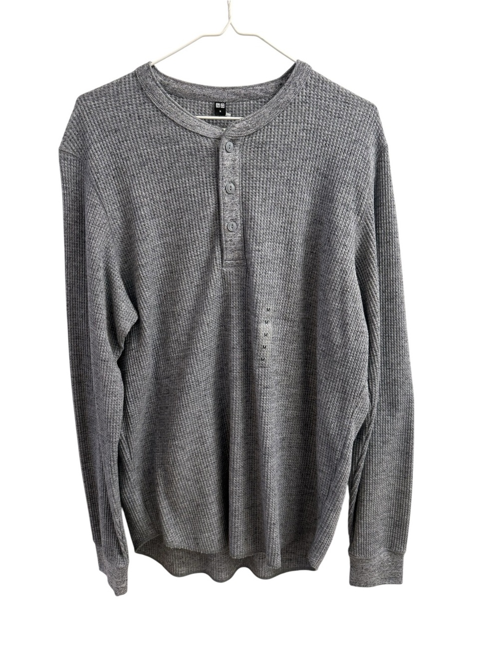 Uniqlo Men's Grey Henley Thermal Waffle Knit Long Sleeve T Shirt Men’s Medium